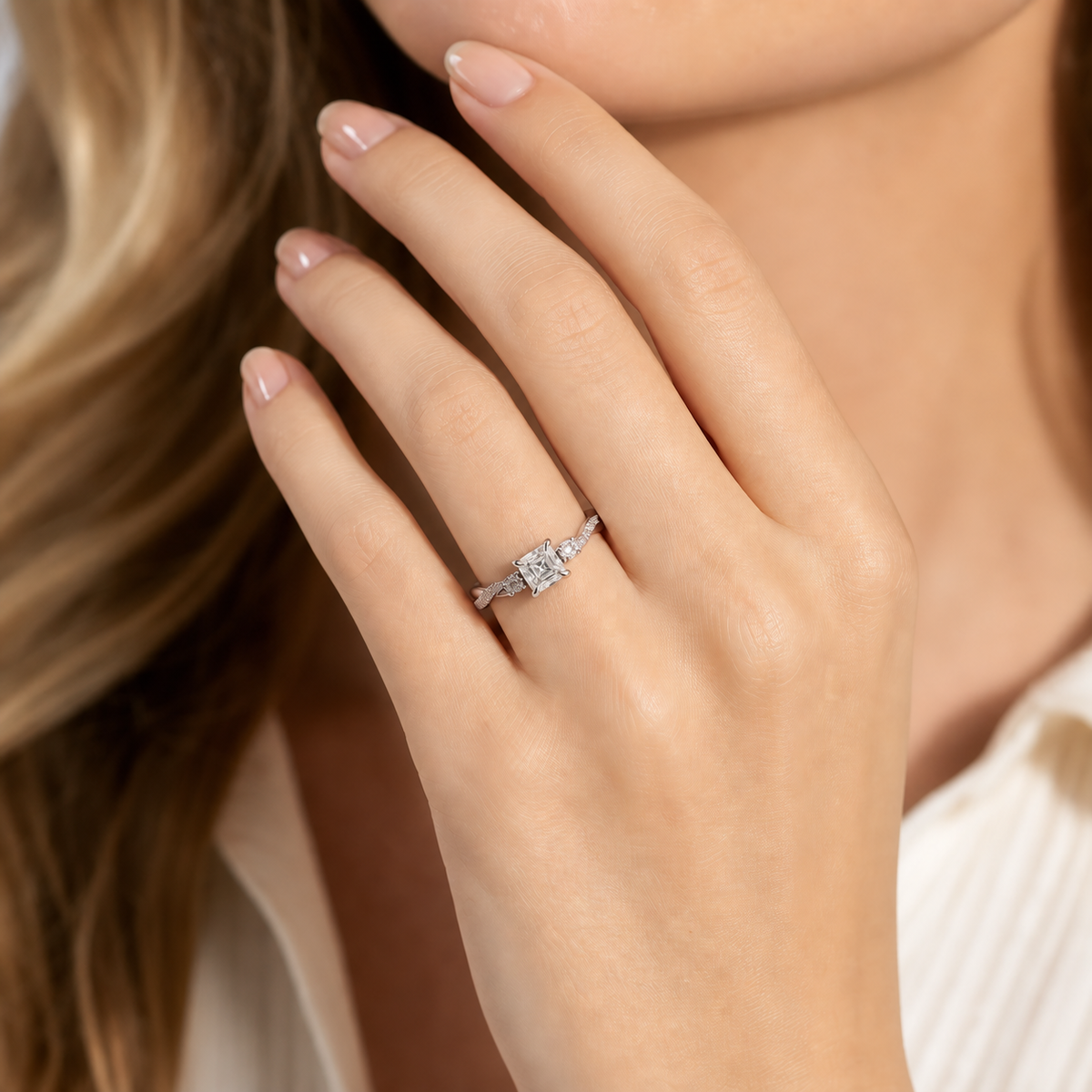 White Gold Princess Cut Engagement Ring, Twisted Pave Band