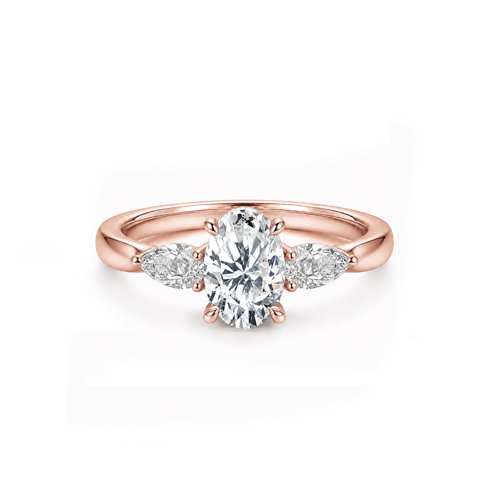 White Gold Three Stone Engagement Ring, Oval Center with Pear Side Stones