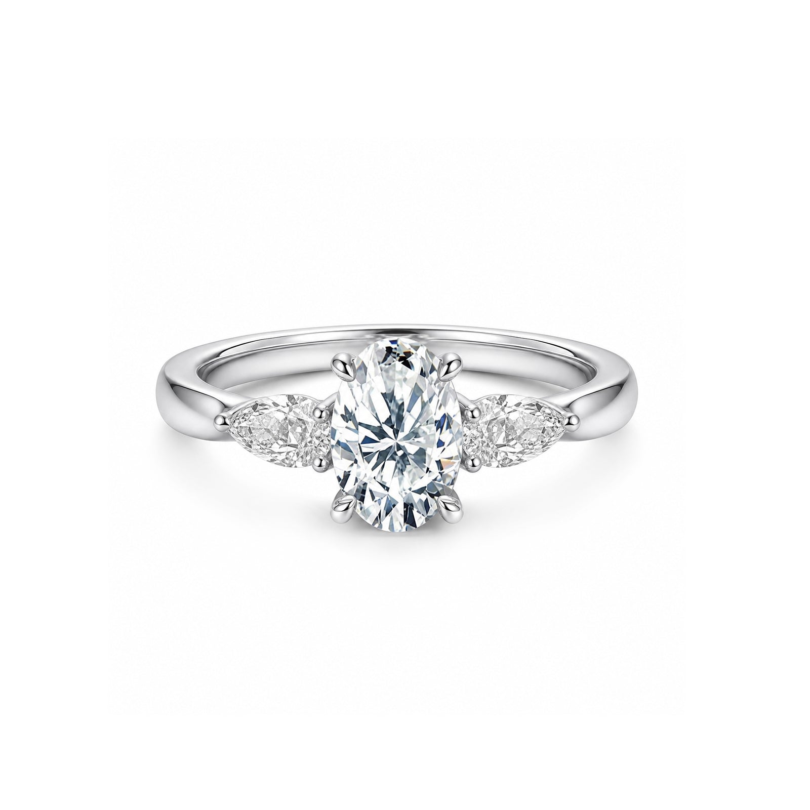 White Gold Three Stone Engagement Ring, Oval Center with Pear Side Stones