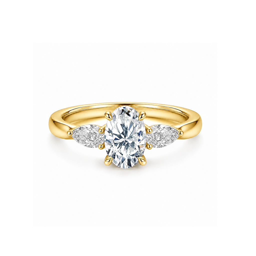 White Gold Three Stone Engagement Ring, Oval Center with Pear Side Stones