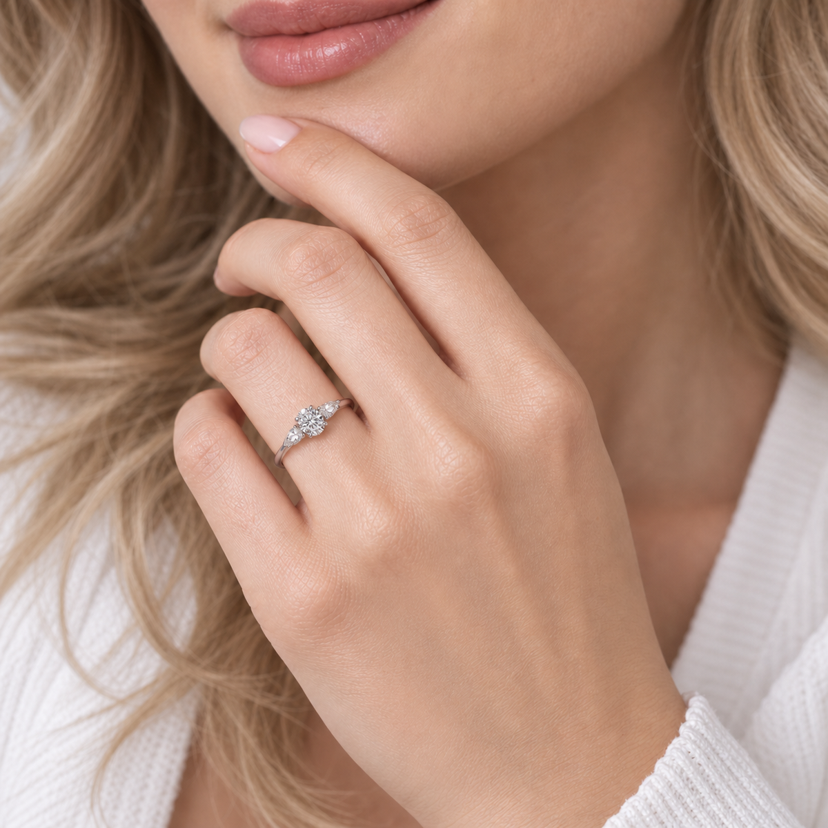 White Gold Three Stone Engagement Ring, Oval Center with Pear Side Stones