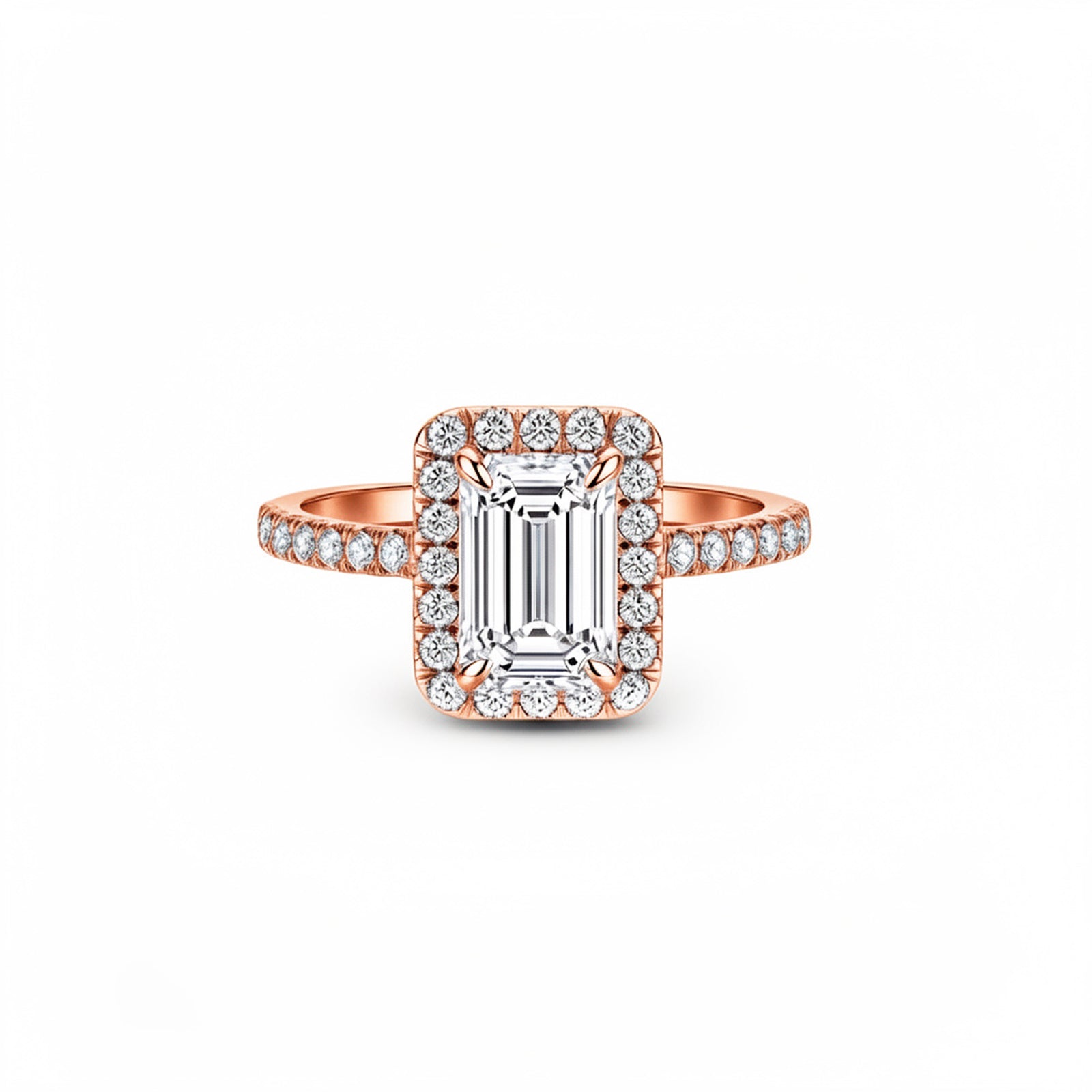 White Gold Emerald Cut Halo Engagement Ring, Pave Band