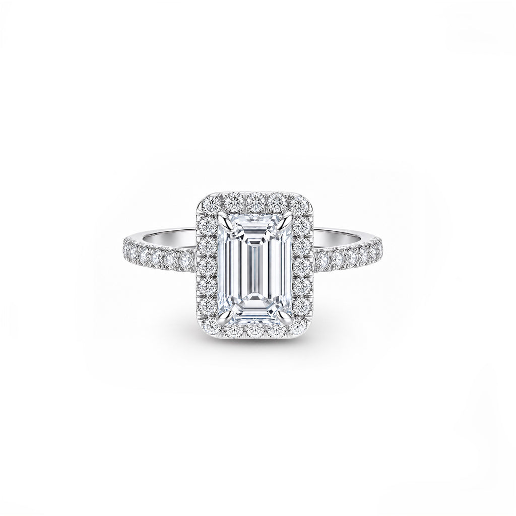 White Gold Emerald Cut Halo Engagement Ring, Pave Band