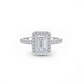 White Gold Emerald Cut Halo Engagement Ring, Pave Band