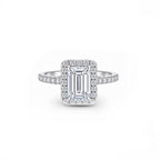 White Gold Emerald Cut Halo Engagement Ring, Pave Band