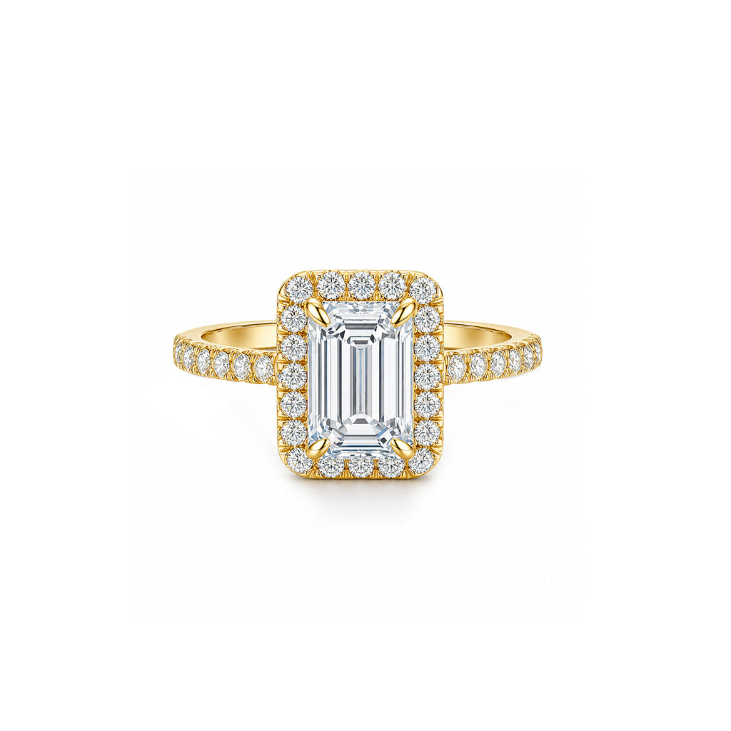 White Gold Emerald Cut Halo Engagement Ring, Pave Band