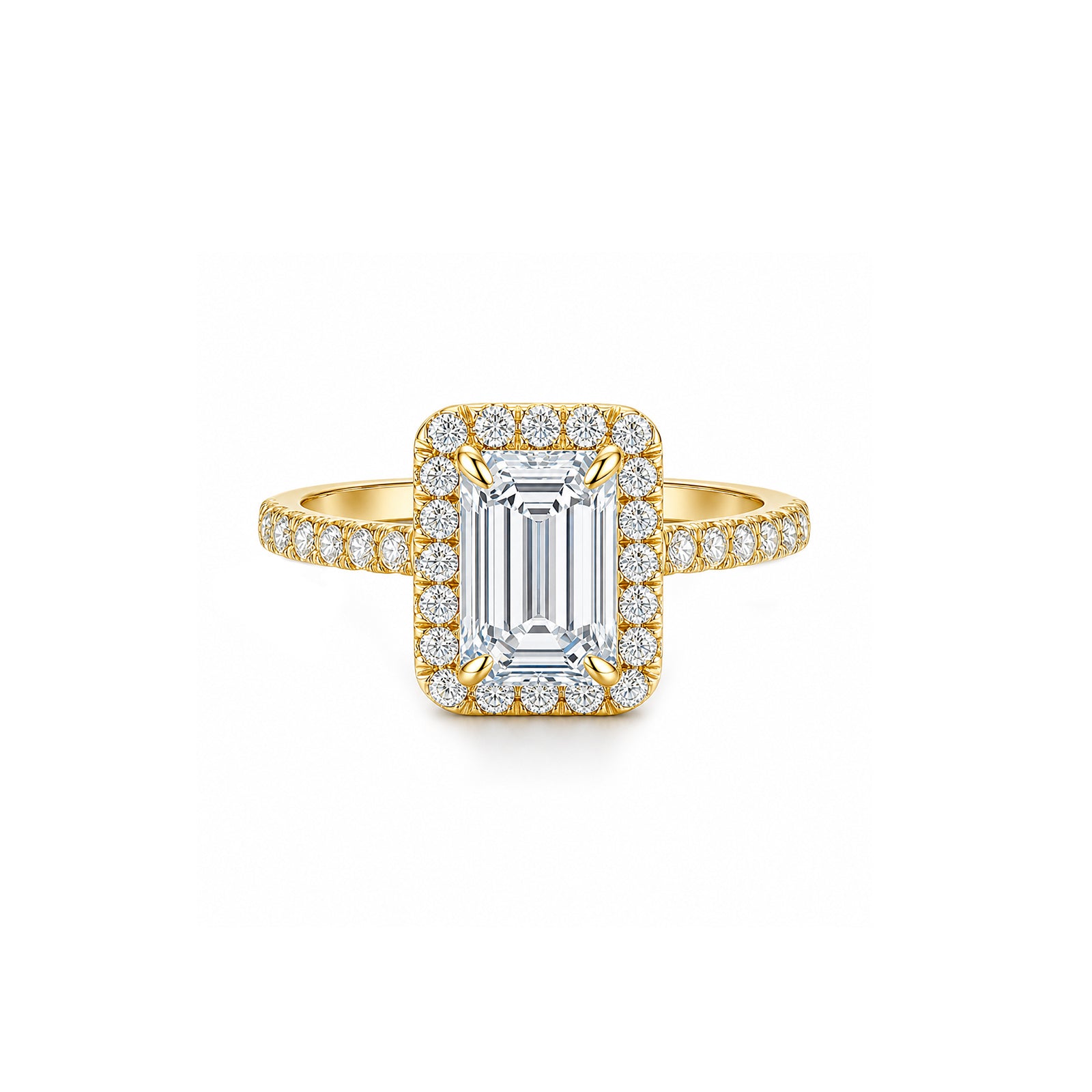 White Gold Emerald Cut Halo Engagement Ring, Pave Band