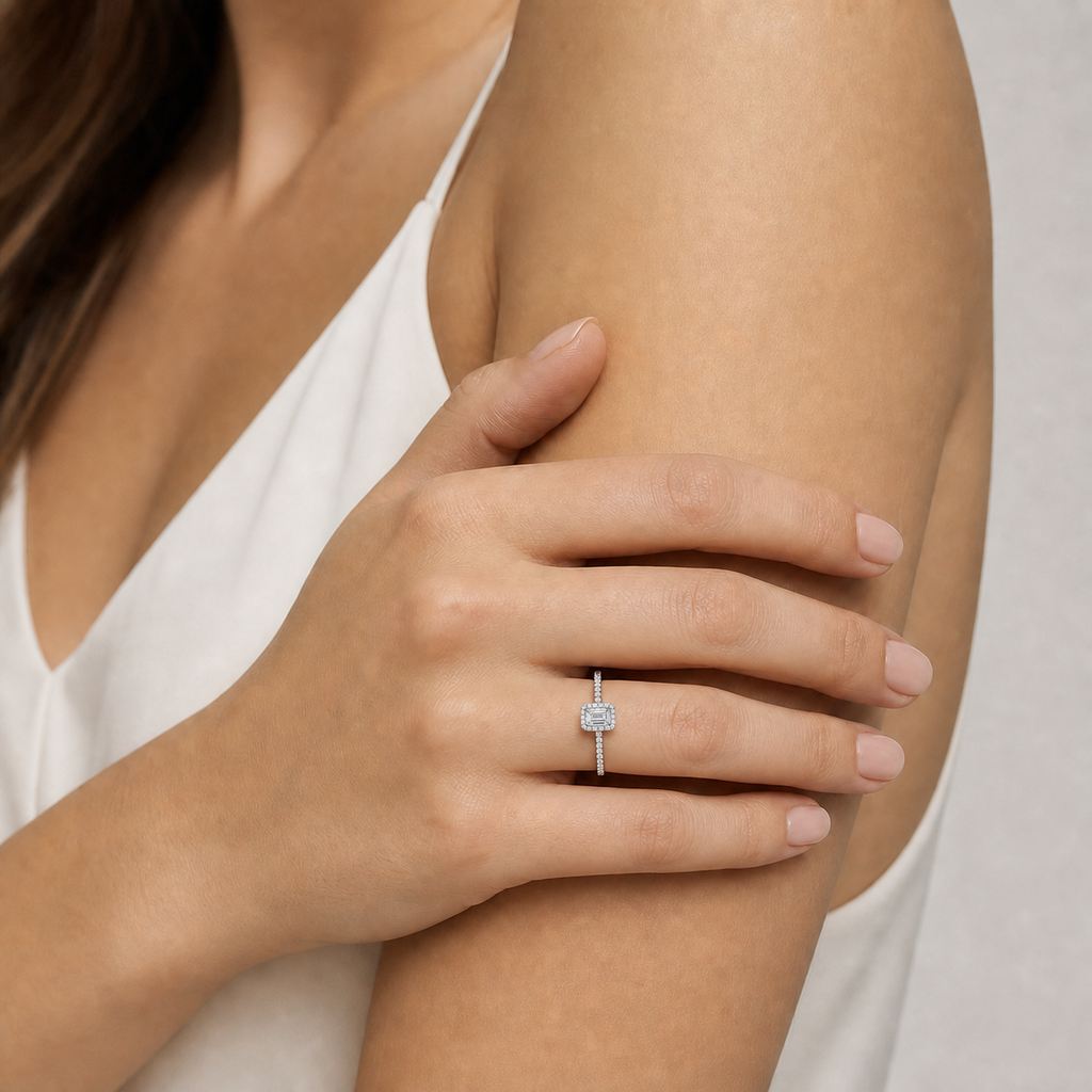 White Gold Emerald Cut Halo Engagement Ring, Pave Band
