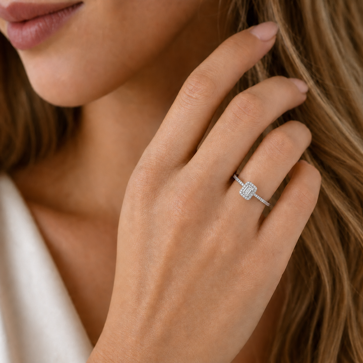 White Gold Emerald Cut Halo Engagement Ring, Pave Band