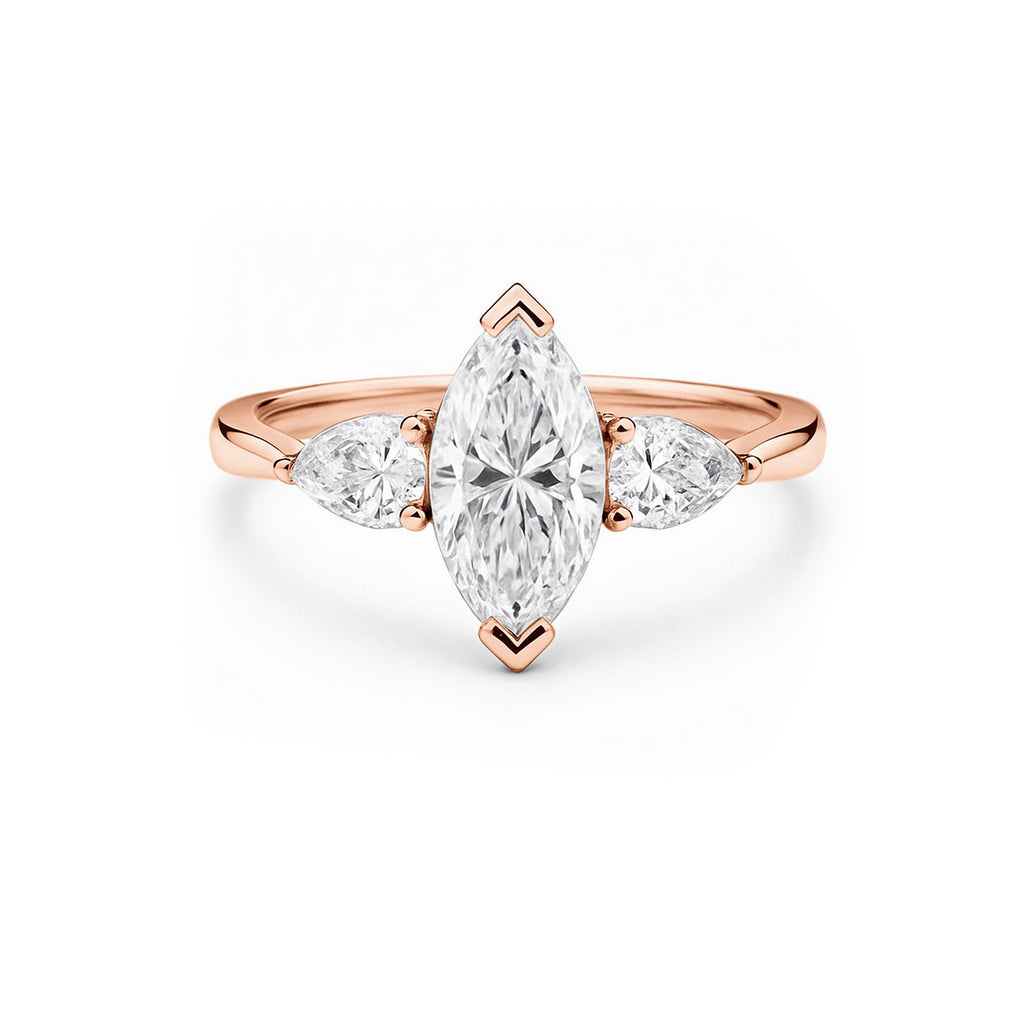 14K Rose Gold Three Stone Engagement Ring, Marquise Center with Pear Side Stones