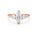14K Rose Gold Three Stone Engagement Ring, Marquise Center with Pear Side Stones