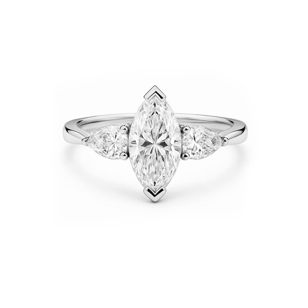 14K Rose Gold Three Stone Engagement Ring, Marquise Center with Pear Side Stones