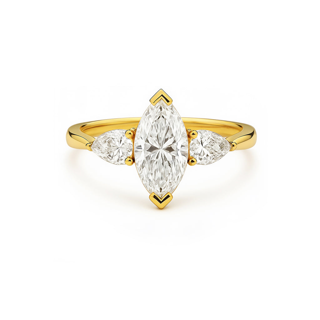 14K Rose Gold Three Stone Engagement Ring, Marquise Center with Pear Side Stones