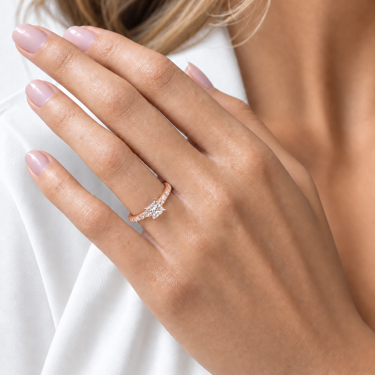 14K Solid Gold Princess Cut Engagement Ring, Half Pave Band
