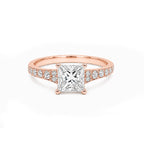 14K Solid Gold Princess Cut Engagement Ring, Half Pave Band
