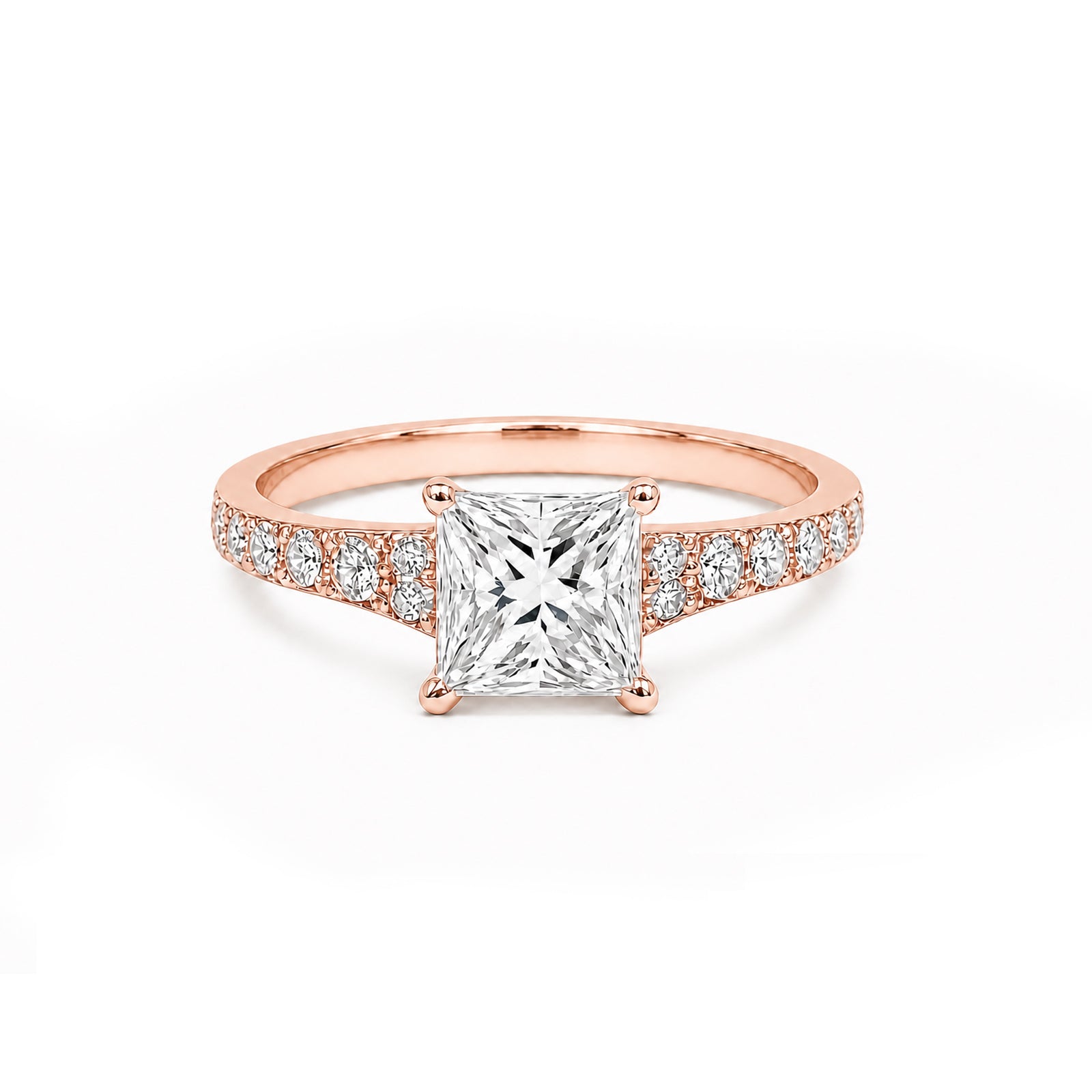 14K Solid Gold Princess Cut Engagement Ring, Half Pave Band