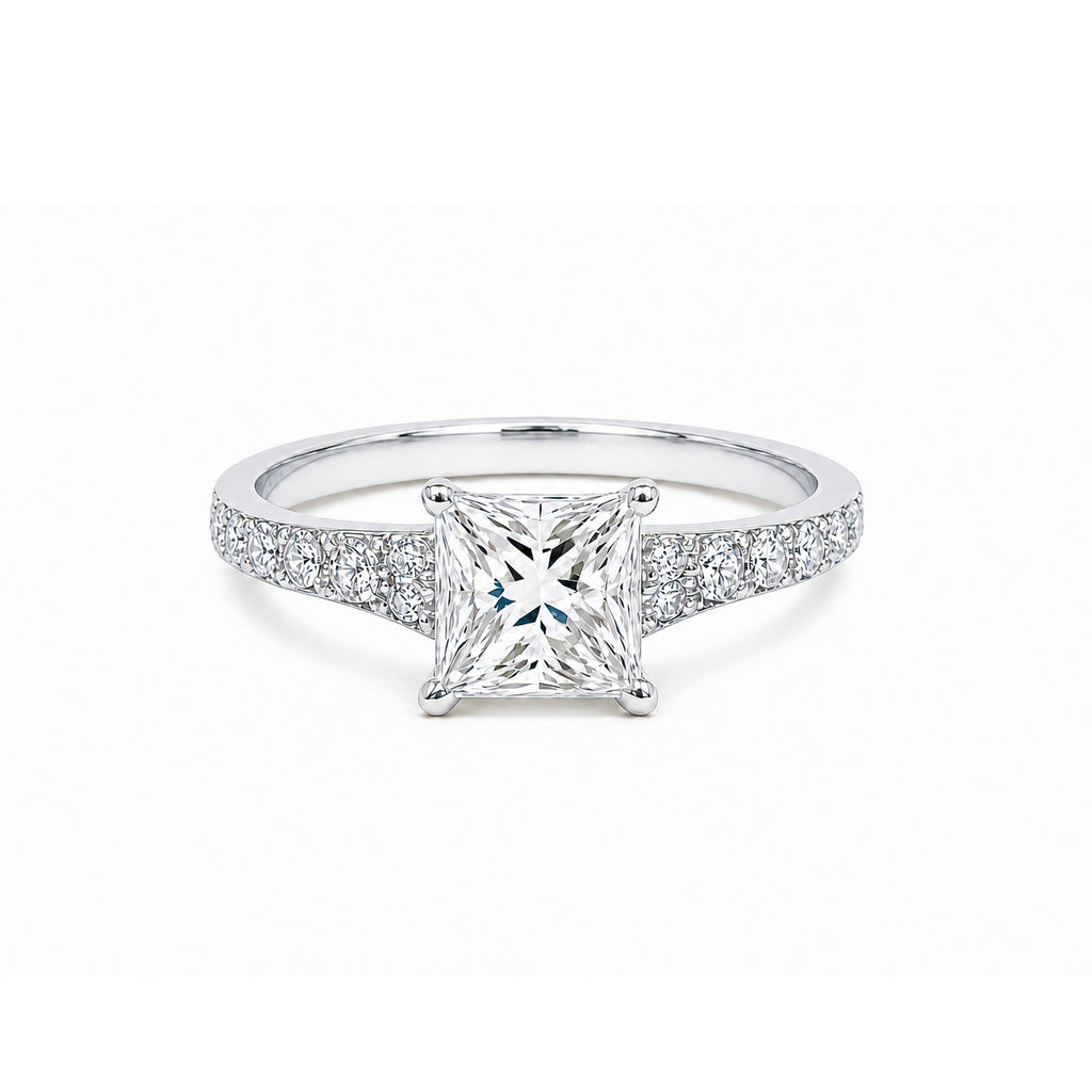 14K Solid Gold Princess Cut Engagement Ring, Half Pave Band