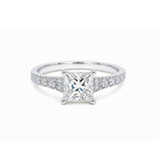 14K Solid Gold Princess Cut Engagement Ring, Half Pave Band