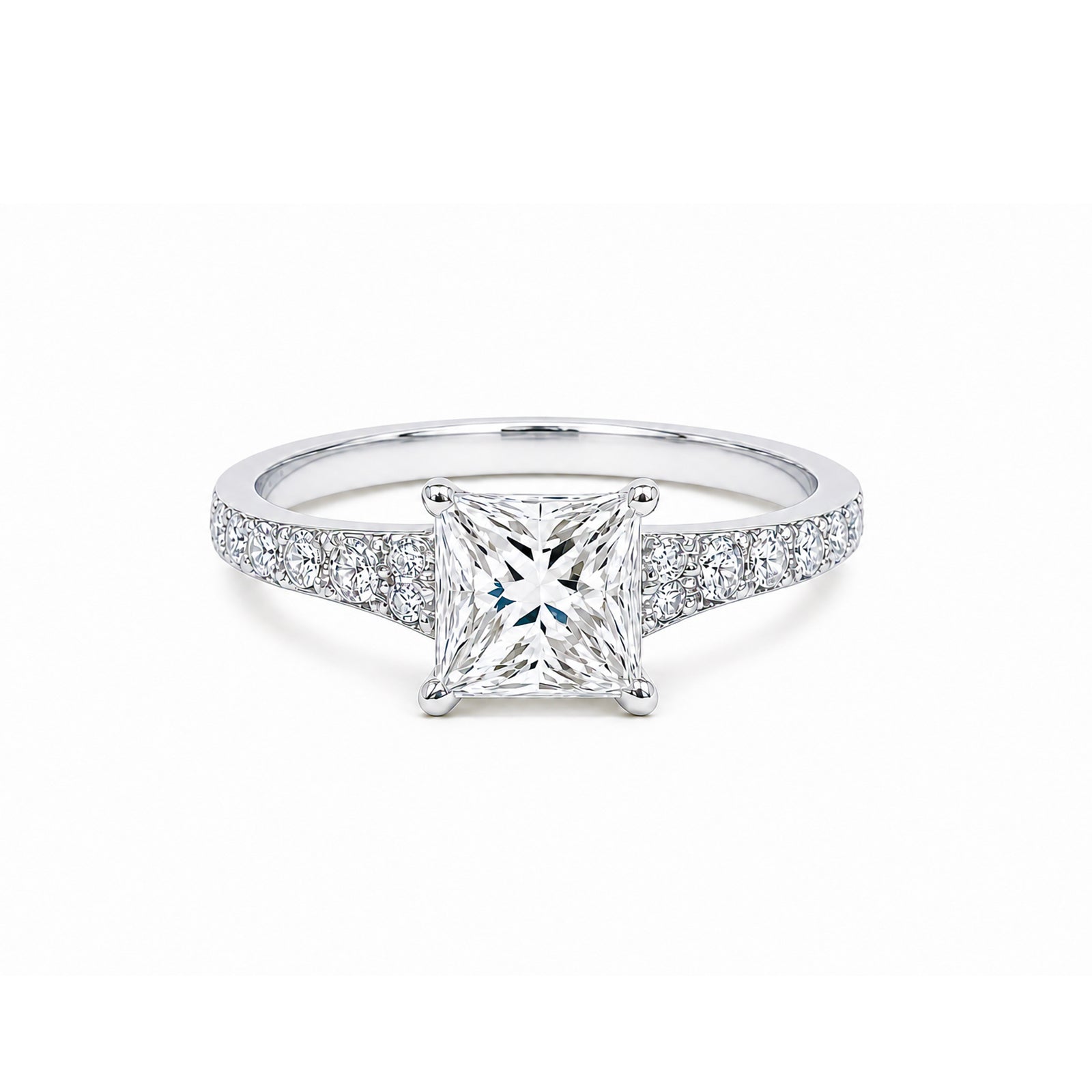 14K Solid Gold Princess Cut Engagement Ring, Half Pave Band