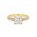 14K Solid Gold Princess Cut Engagement Ring, Half Pave Band