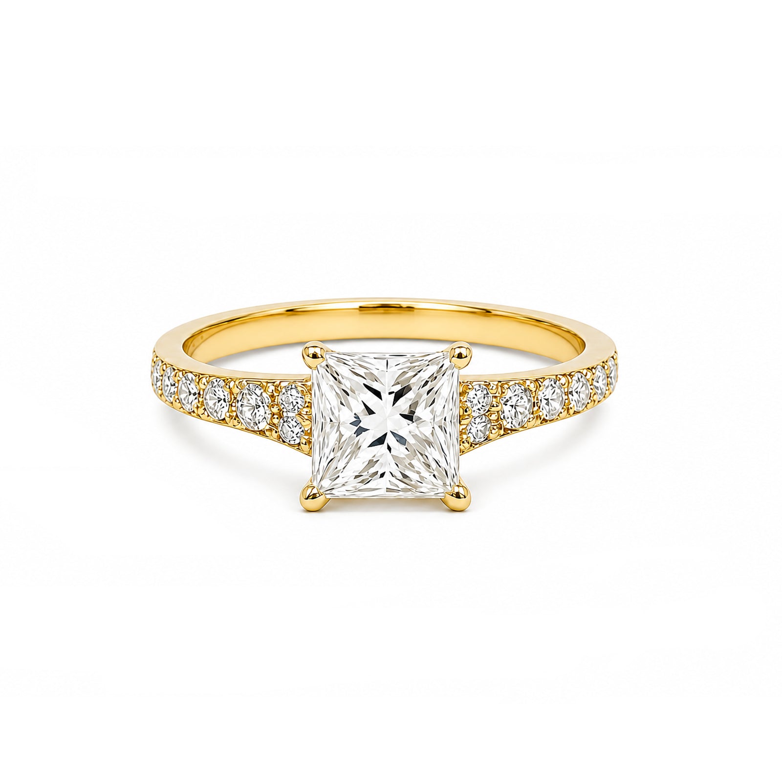14K Solid Gold Princess Cut Engagement Ring, Half Pave Band