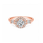 White Gold Art Deco Round Halo Engagement Ring with Baguette Accents