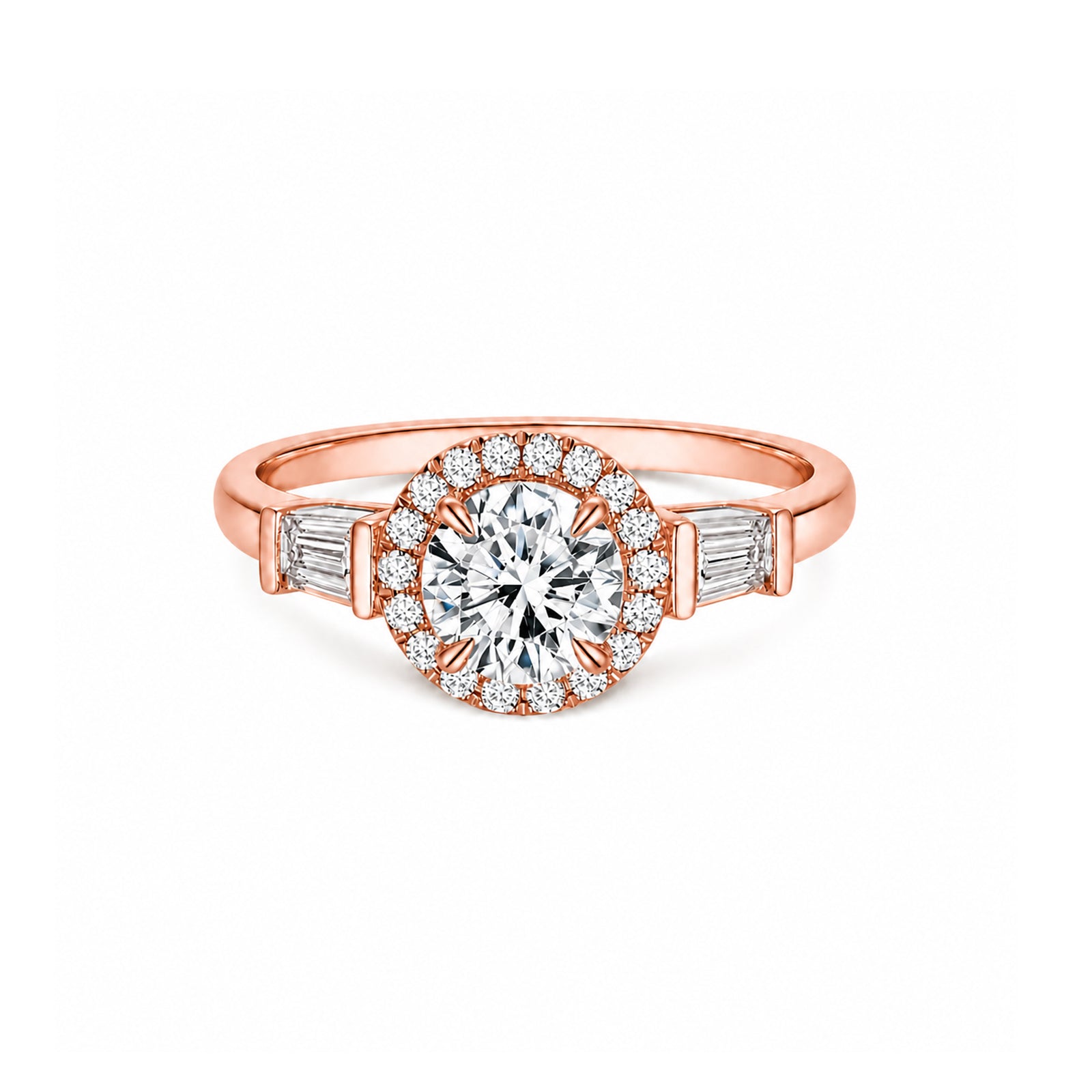 White Gold Art Deco Round Halo Engagement Ring with Baguette Accents