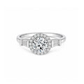 White Gold Art Deco Round Halo Engagement Ring with Baguette Accents