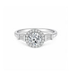 White Gold Art Deco Round Halo Engagement Ring with Baguette Accents