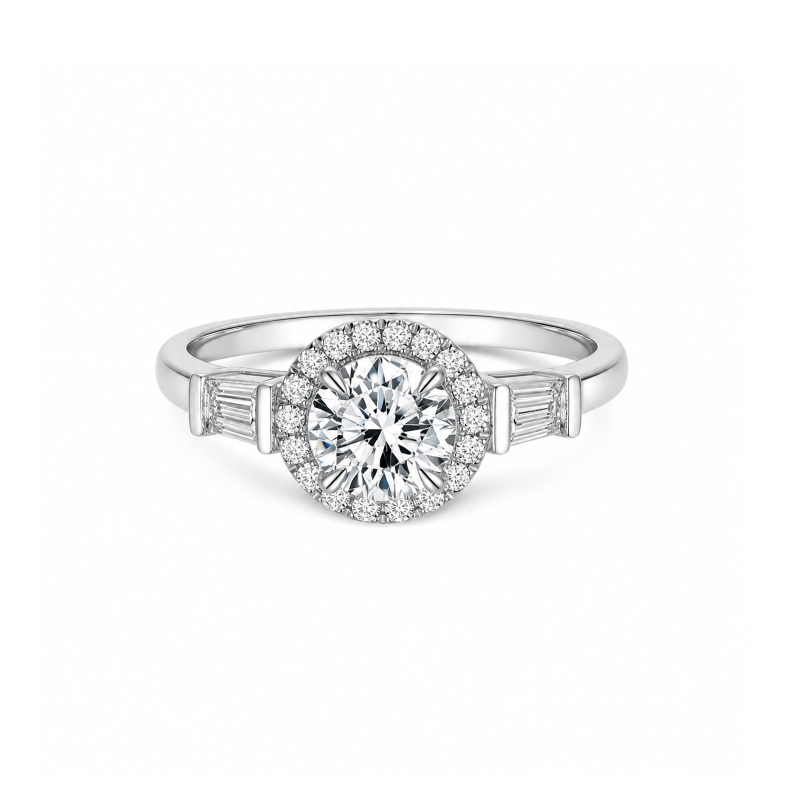 White Gold Art Deco Round Halo Engagement Ring with Baguette Accents