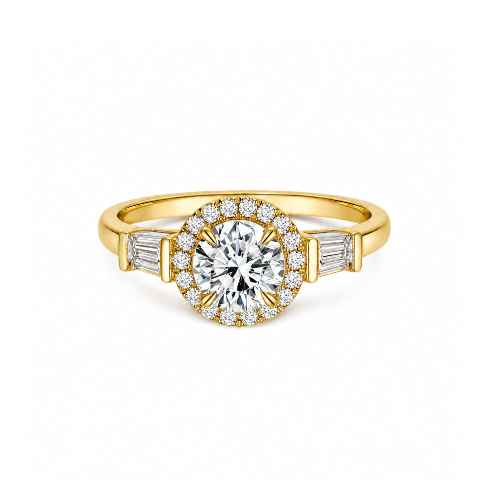 White Gold Art Deco Round Halo Engagement Ring with Baguette Accents
