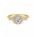 White Gold Art Deco Round Halo Engagement Ring with Baguette Accents