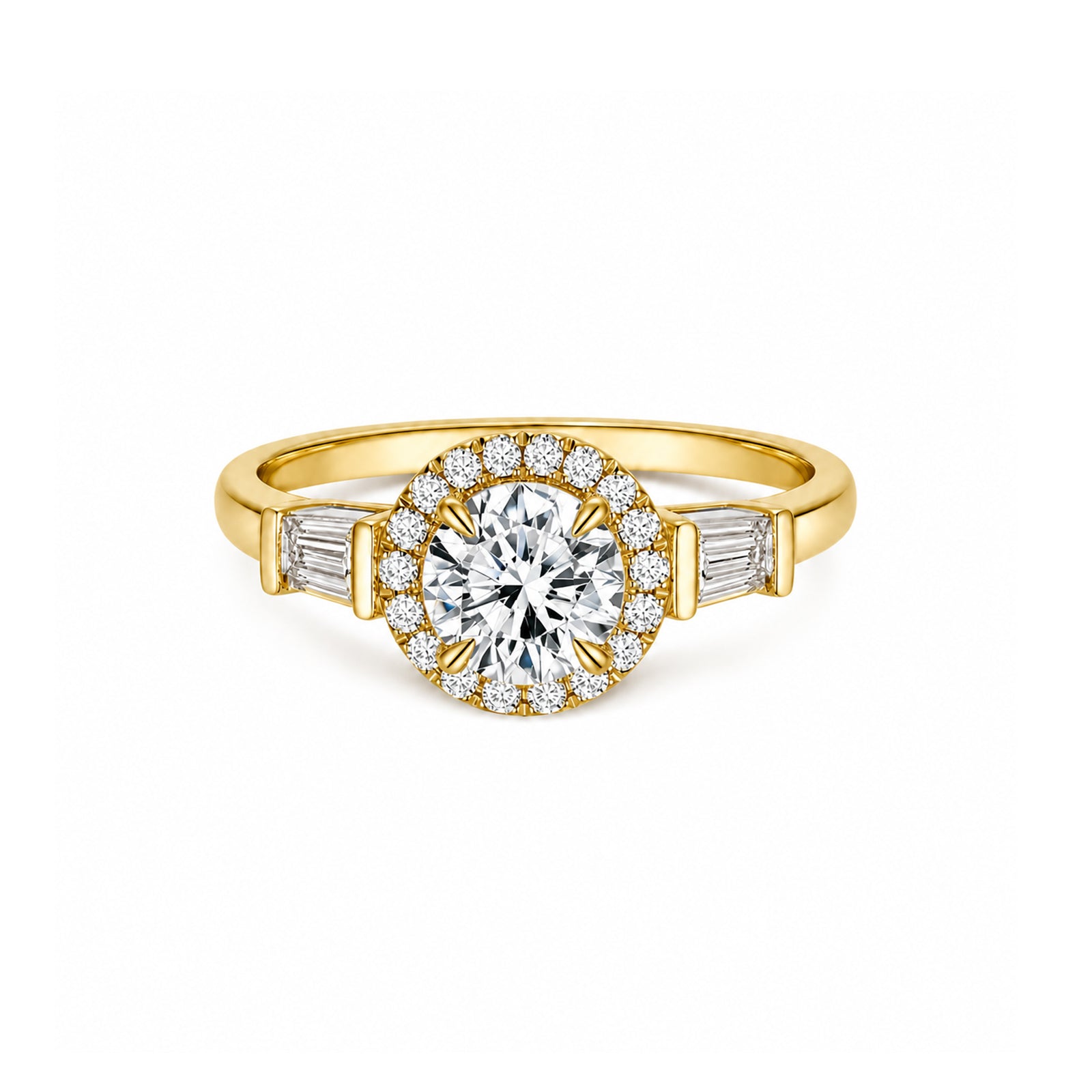 White Gold Art Deco Round Halo Engagement Ring with Baguette Accents
