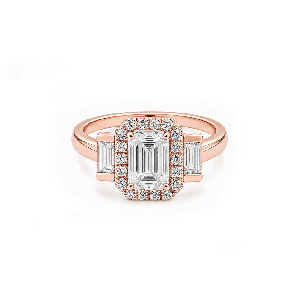 White Gold Emerald Cut Halo Engagement Ring with Baguette Accents