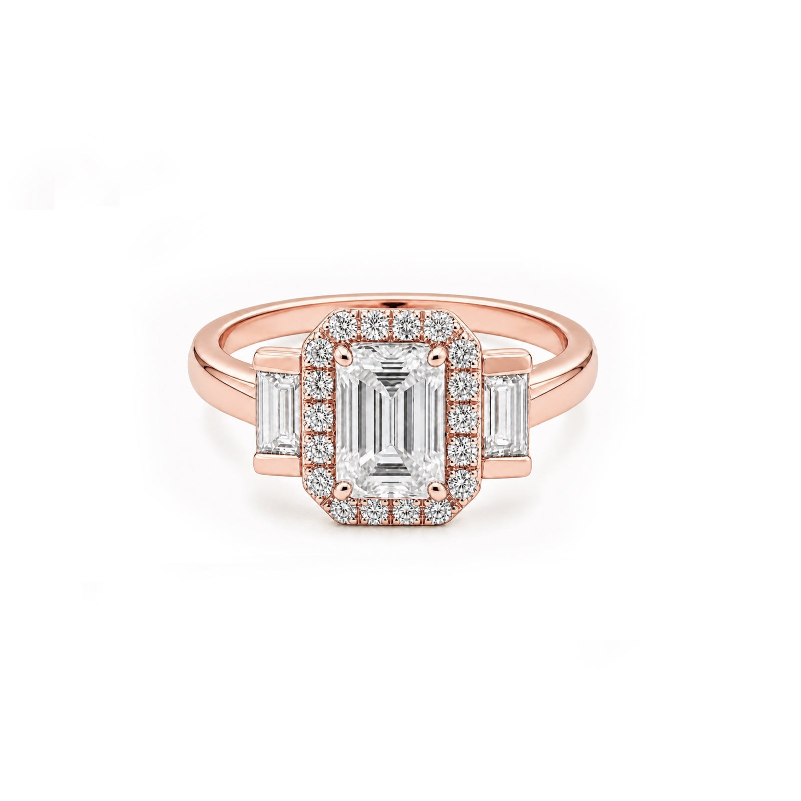 White Gold Emerald Cut Halo Engagement Ring with Baguette Accents