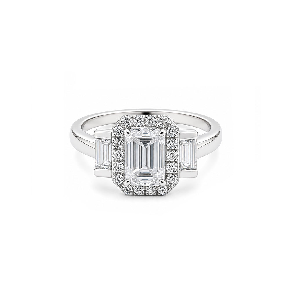 White Gold Emerald Cut Halo Engagement Ring with Baguette Accents