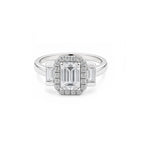 White Gold Emerald Cut Halo Engagement Ring with Baguette Accents