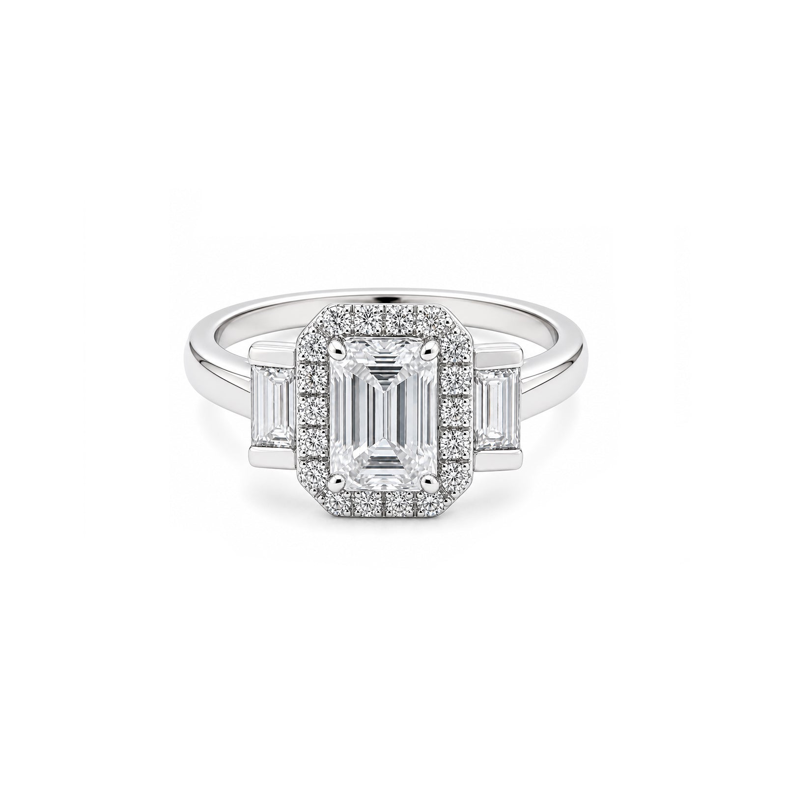 White Gold Emerald Cut Halo Engagement Ring with Baguette Accents
