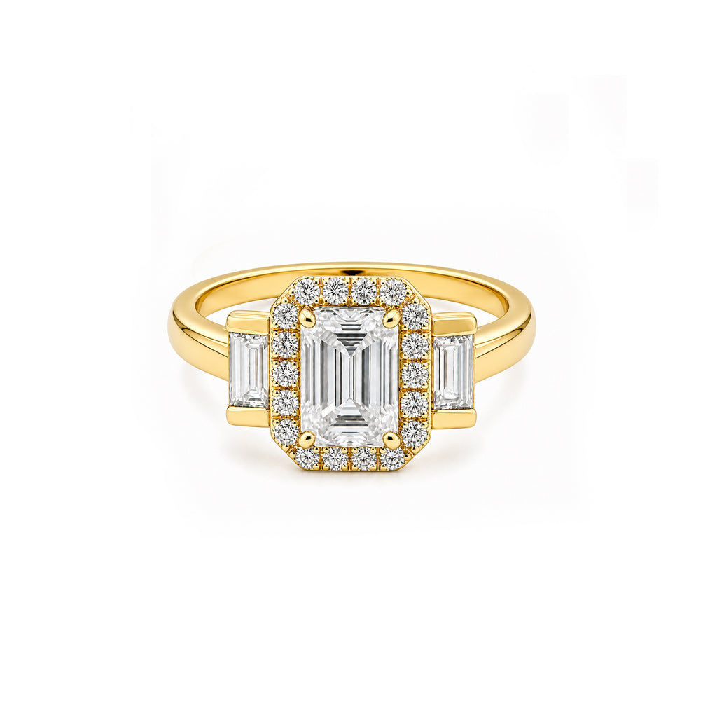 White Gold Emerald Cut Halo Engagement Ring with Baguette Accents