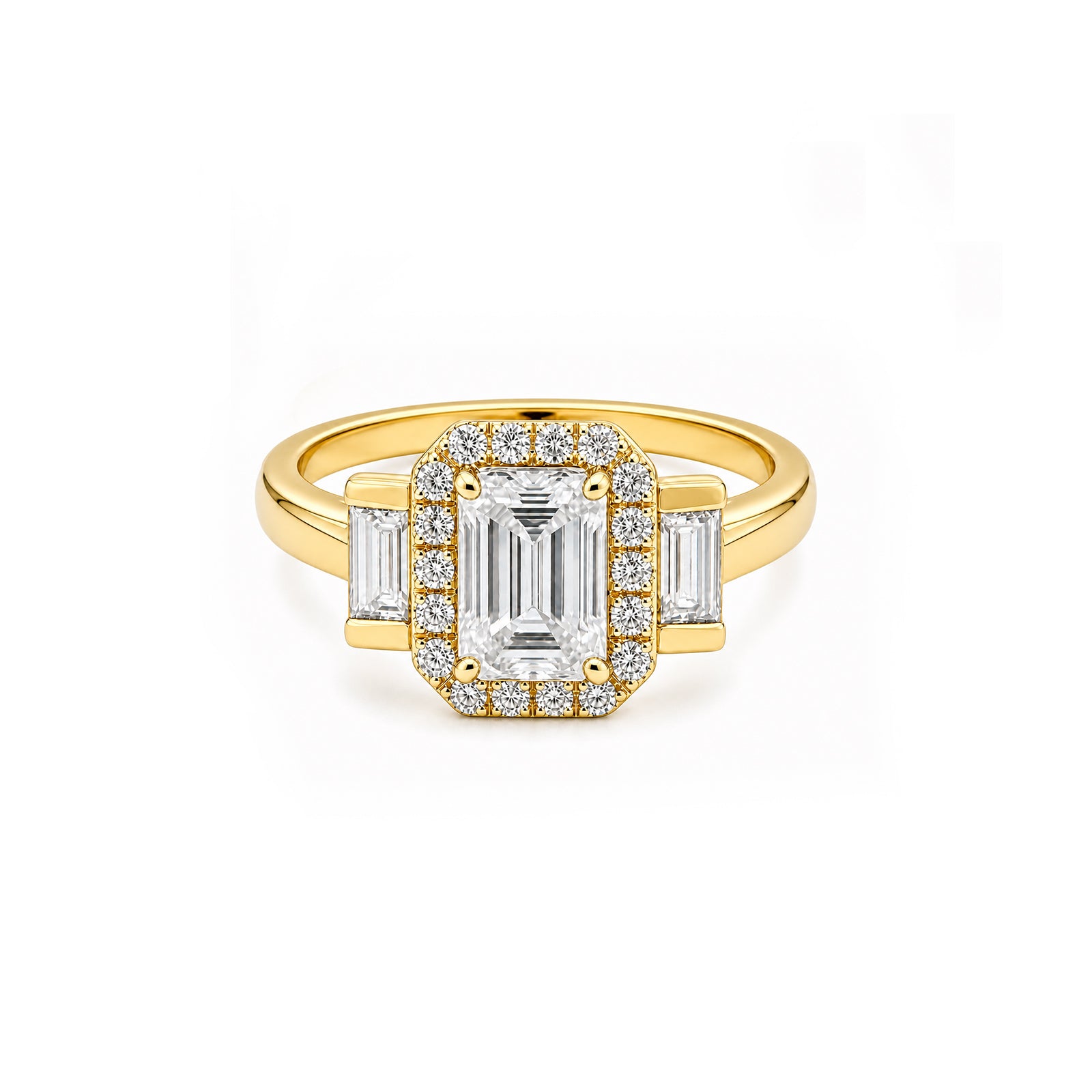 White Gold Emerald Cut Halo Engagement Ring with Baguette Accents