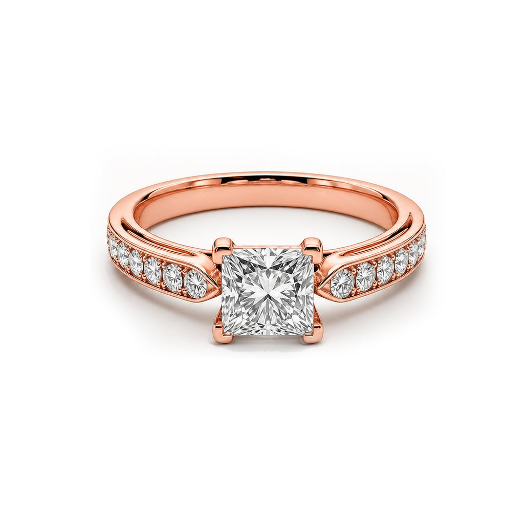 White Gold Princess Cut Engagement Ring, Pave Band