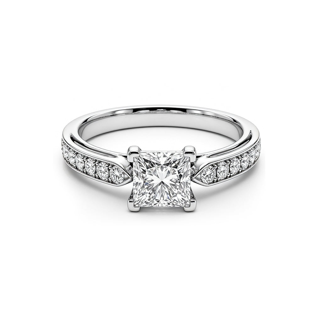 White Gold Princess Cut Engagement Ring, Pave Band