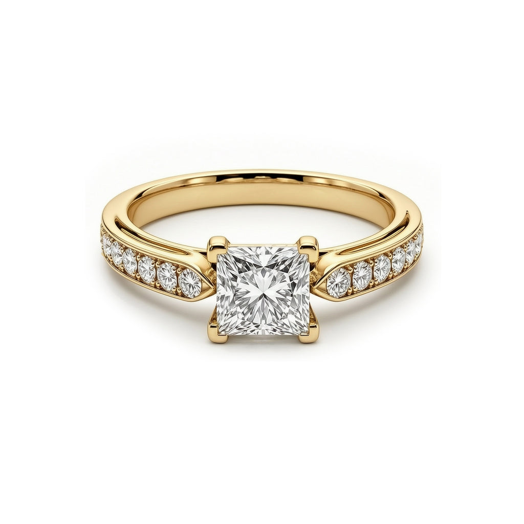 White Gold Princess Cut Engagement Ring, Pave Band