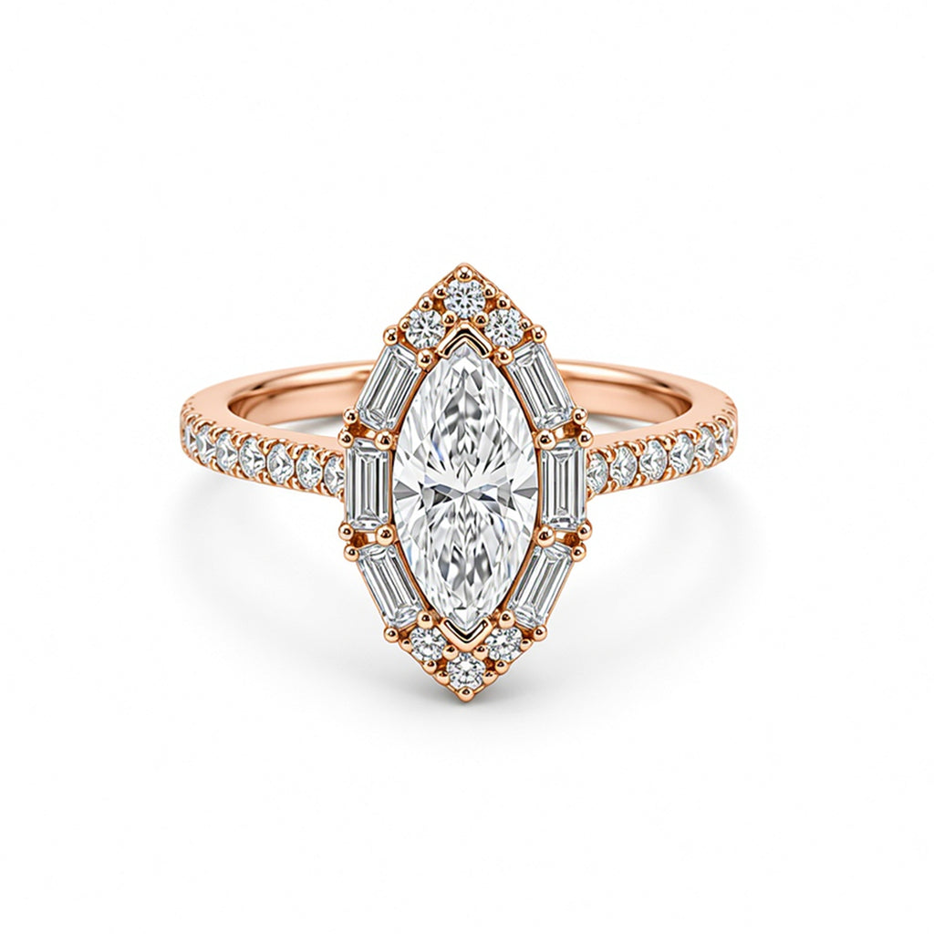 White Gold Marquise Cut Halo Engagement Ring, Full Pave Band