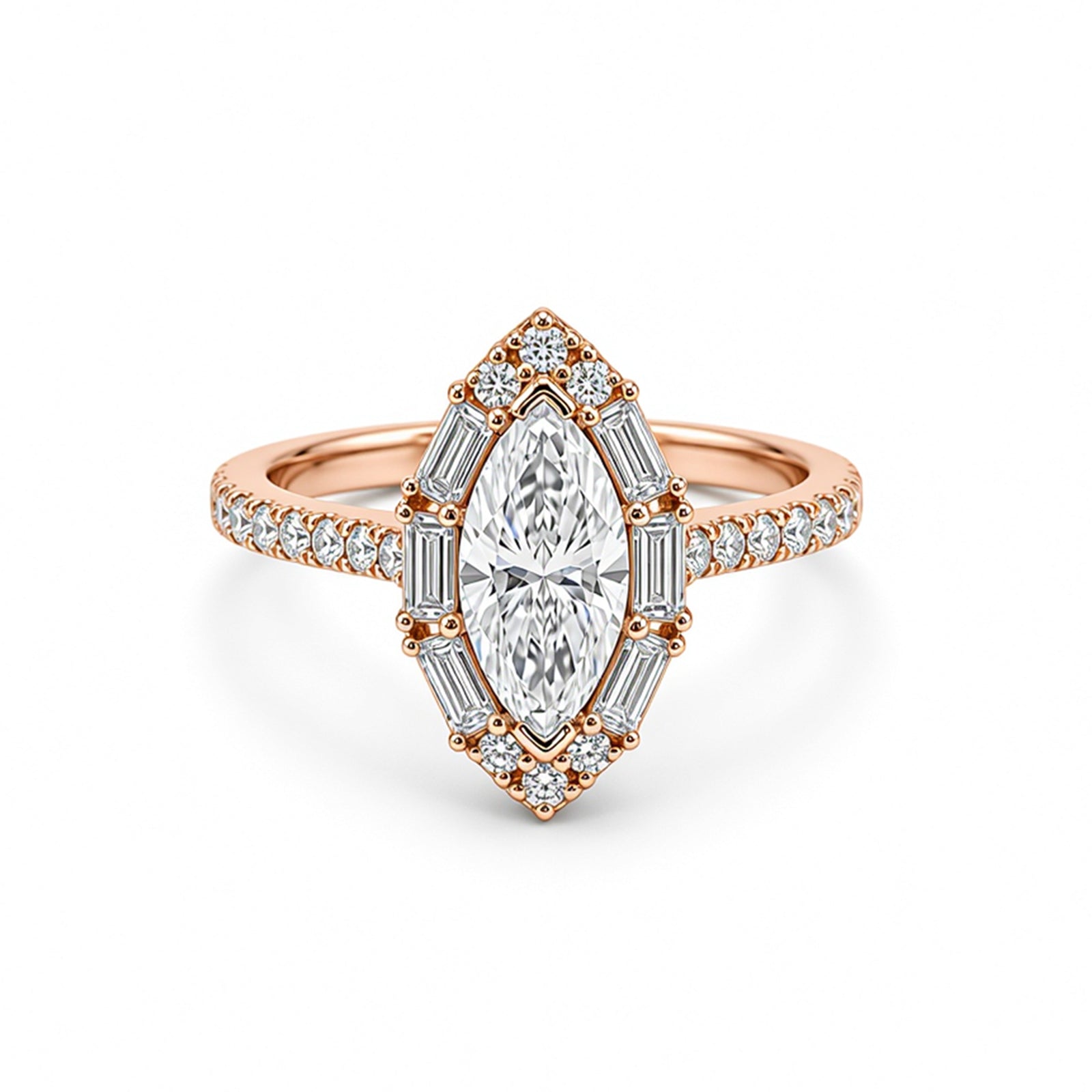 White Gold Marquise Cut Halo Engagement Ring, Full Pave Band