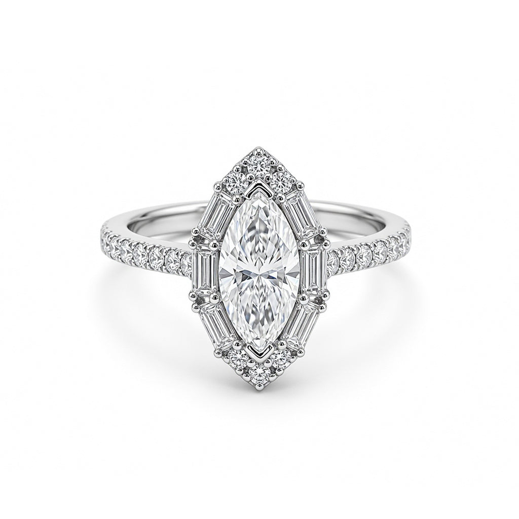 White Gold Marquise Cut Halo Engagement Ring, Full Pave Band