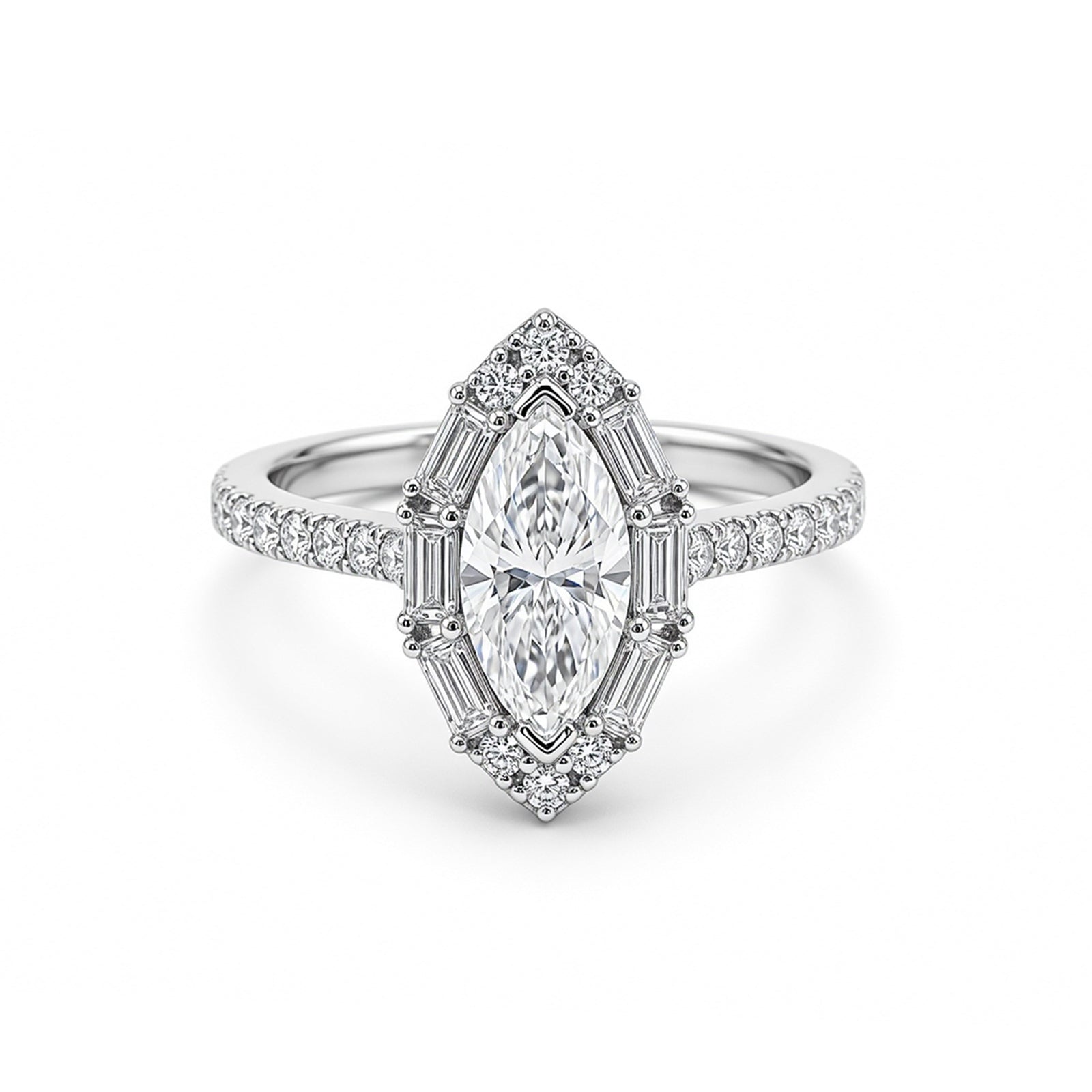 White Gold Marquise Cut Halo Engagement Ring, Full Pave Band