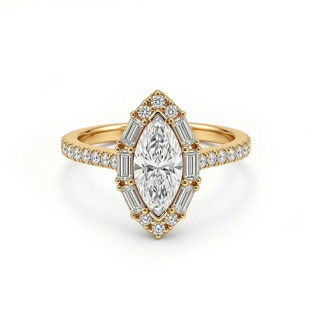 White Gold Marquise Cut Halo Engagement Ring, Full Pave Band