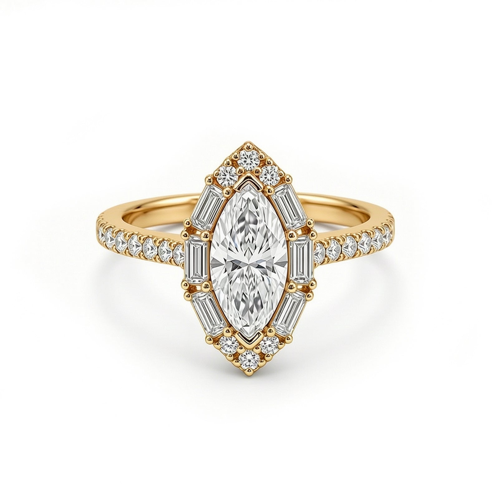 White Gold Marquise Cut Halo Engagement Ring, Full Pave Band