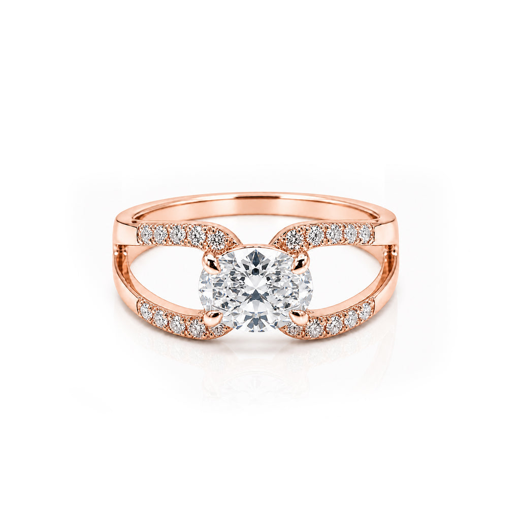 14K Gold Oval Cut Engagement Ring, Split Shank Pave Band